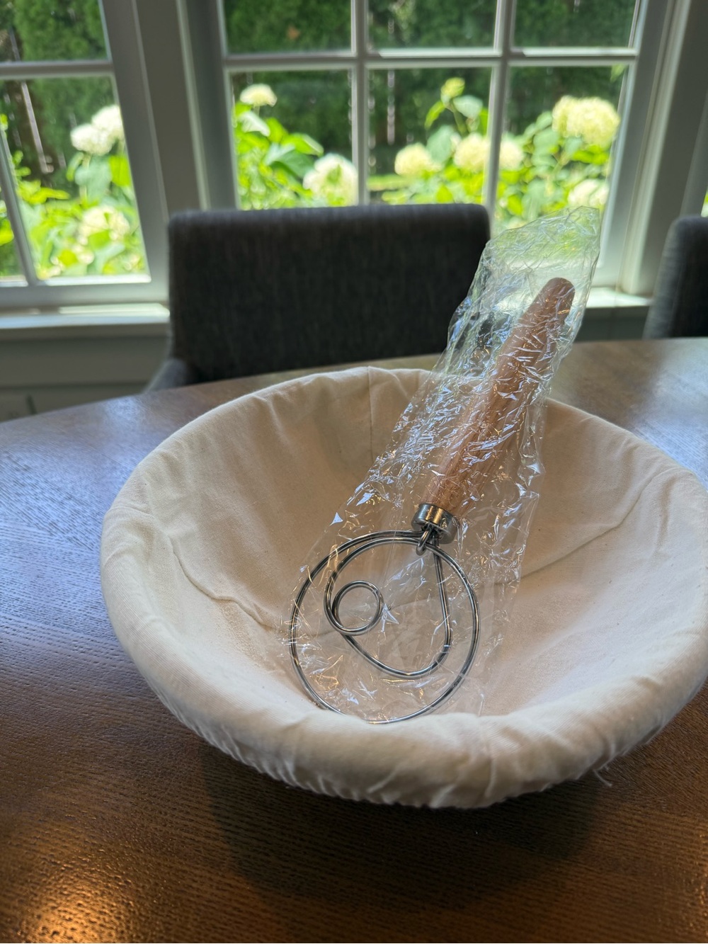 Proofing Bowl with Dough Whisk - Cream Bowl, Natural Wood Handle